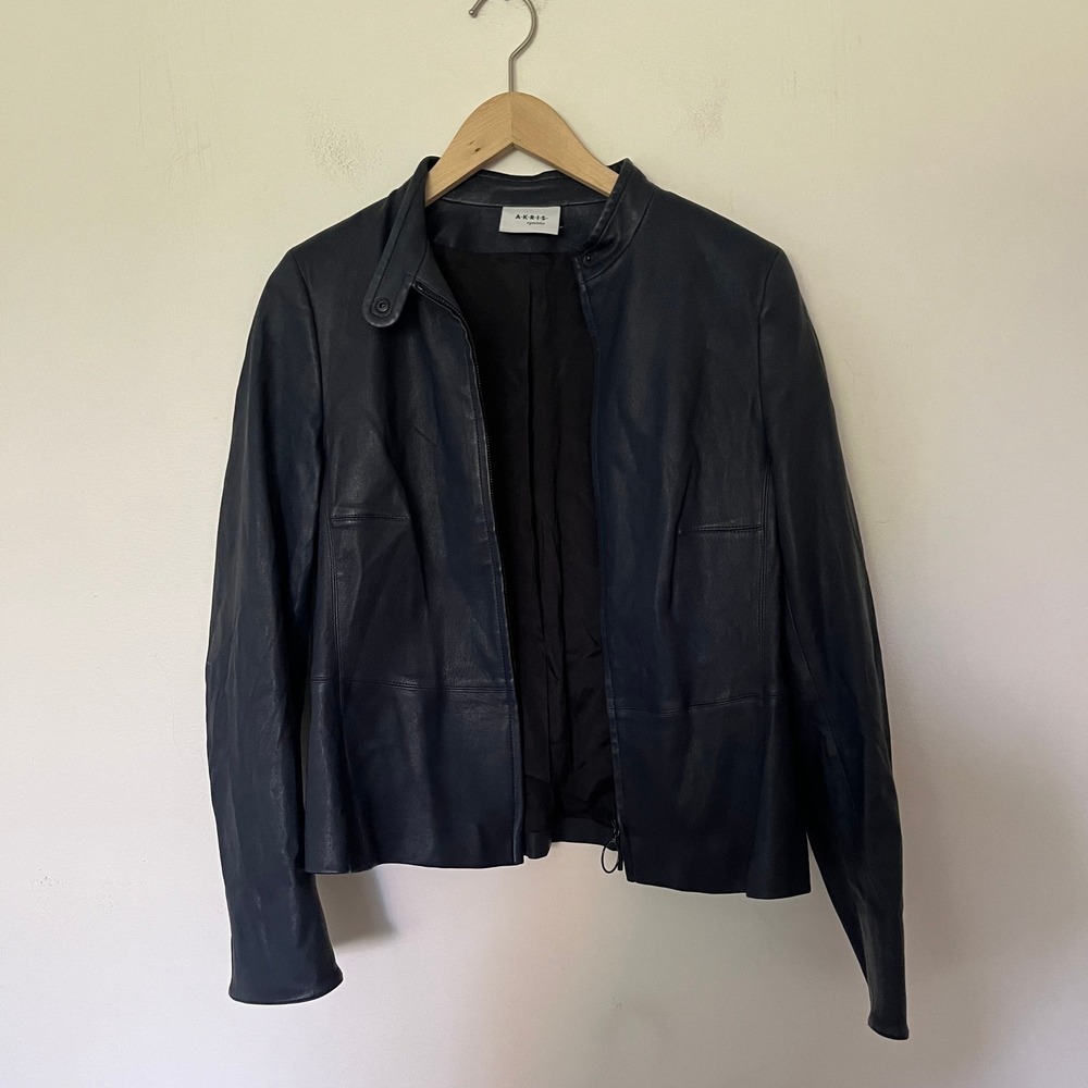 Akris Punto Navy Blue Leather Jacket Stand Collar Minimalist Moto Size 8